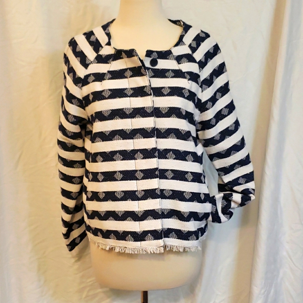 NAVY & WHITE STRIPED DIAMOND ZIGZAG BLAZER PREPPY COASTAL NAUTICAL RAW EDGE NWT